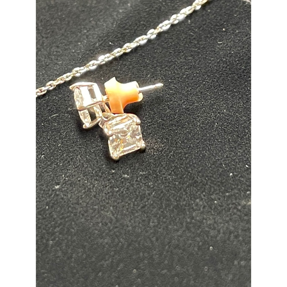 925 Sterling Silver Princess Cut CZ Solitaire Necklace and Stud Earring Set - Picture 4 of 7